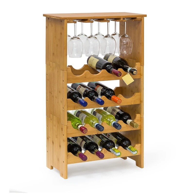 Relaxdays Bamboo Wine Rack 84 x 50 x 24 cm Bottle Holder with Wine Glass Holder, For 16 Bottles And 12 Wine Glasses, Natural Brown