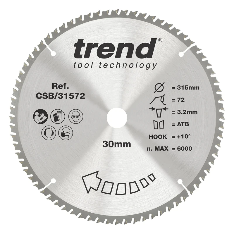 Trend Wood Circular Saw Blade, 315mm Diameter, 30mm Bore, 72 Teeth, 3.2mm Kerf, +10° Hook, TCT, Fine Finish, CSB/31572