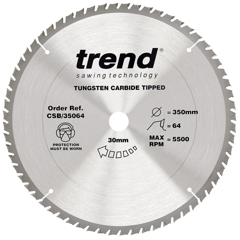 Trend Wood Circular Saw Blade, 350mm Diameter, 30mm Bore, 64 Teeth, 2.8mm Kerf, +15° Hook, TCT, Medium Finish, CSB/35064