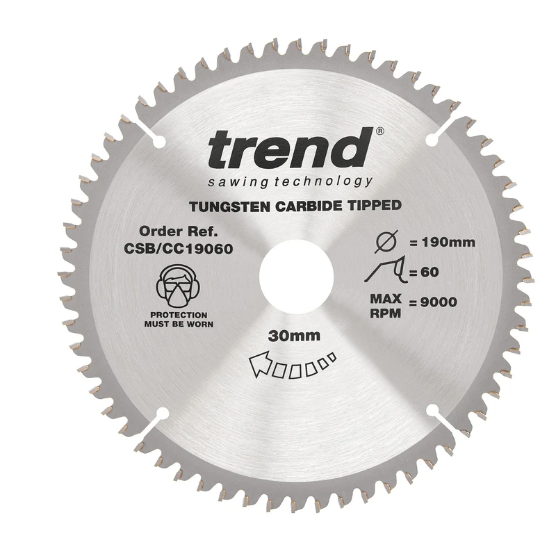 Trend Wood Mitre Saw Blade, 190mm Diameter, 30mm Bore, 60 Teeth, 2.6mm Kerf, -5° Hook, TCT, Extra-Fine Finish, CSB/CC19060