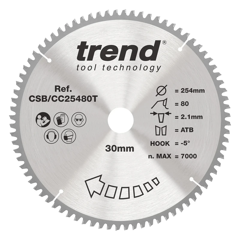 Trend Wood Cordless Mitre Saw Blade, 254mm Diameter, 30mm Bore, 80 Teeth, 2.1mm Kerf, -5° Hook, TCT, Extra-Fine Finish, CSB/CC25480T