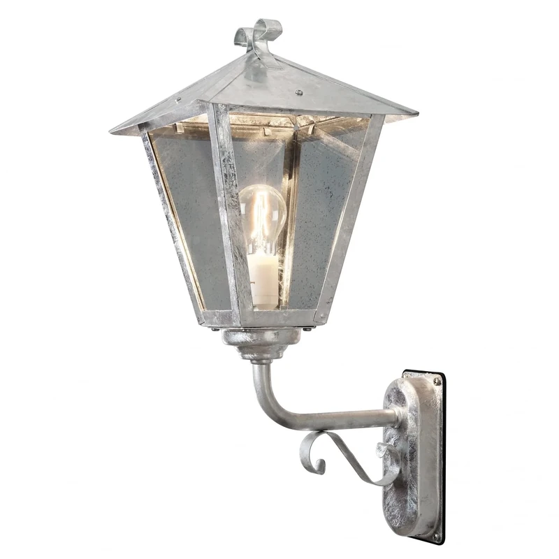 Konstsmide Handmade Outdoor Wall Light Mains Powered/Benu Large Up Classic Coach Lantern/1 x 100 W E27 Max Wall Lamp/Glass Panels/RAW Galvanised Steel/IP23/Galvanised Steel Outside Light