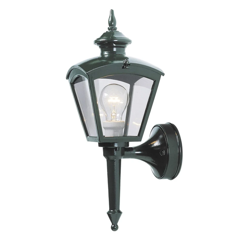 Konstsmide Handmade Outdoor Wall Light Mains Powered/Cassiopeia Up Carriage Coach Style Lantern Light/1 x 60 W E27 Max Wall Lamp/Smoked Acrylic Panels/Aluminium/IP23/Green Outside Light