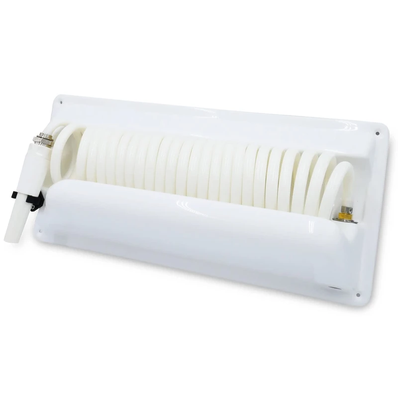 T-H Marine Pressure Wash Hose Station - 25' Coiled Hose, 5' Supply Hose, Brass Fittings, Mountable Holder, Marine Cleaning and Outdoor Storage, White