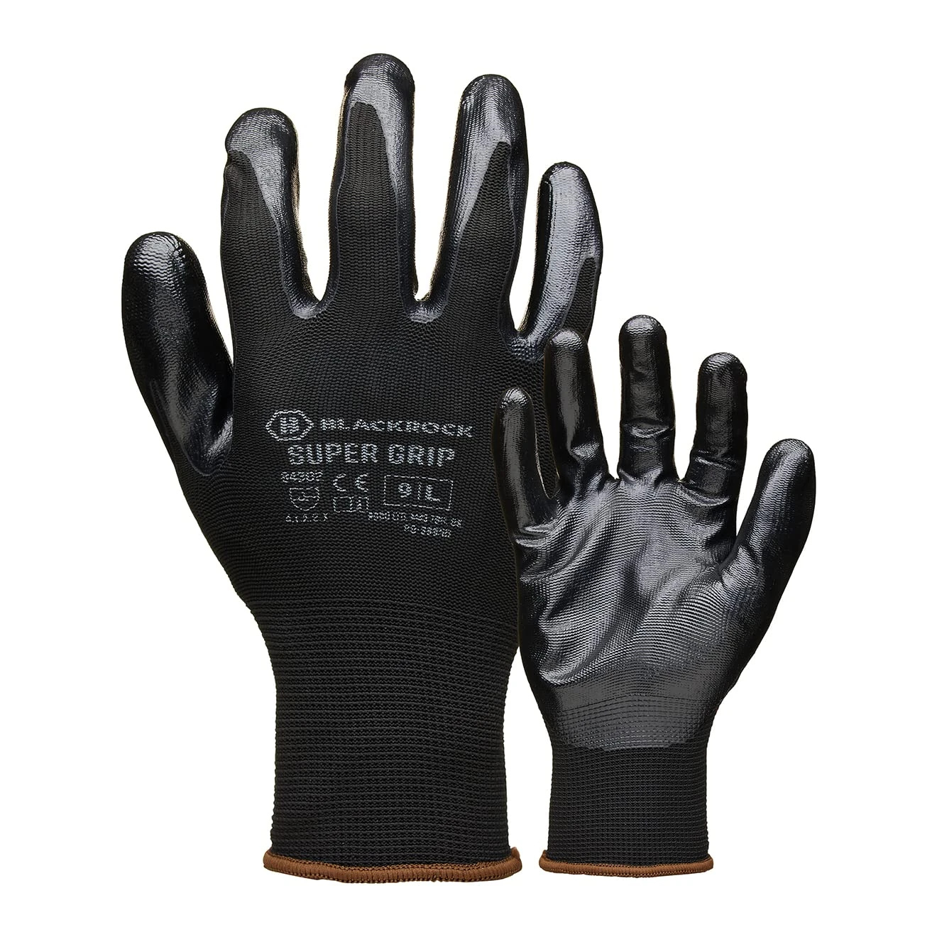 Blackrock Super Grip Work Gloves - Black Nitrile, Safety for Men Women, Roofing, Warehouse, Thin, DIY, Gardening, Outdoor - Size 9/Large