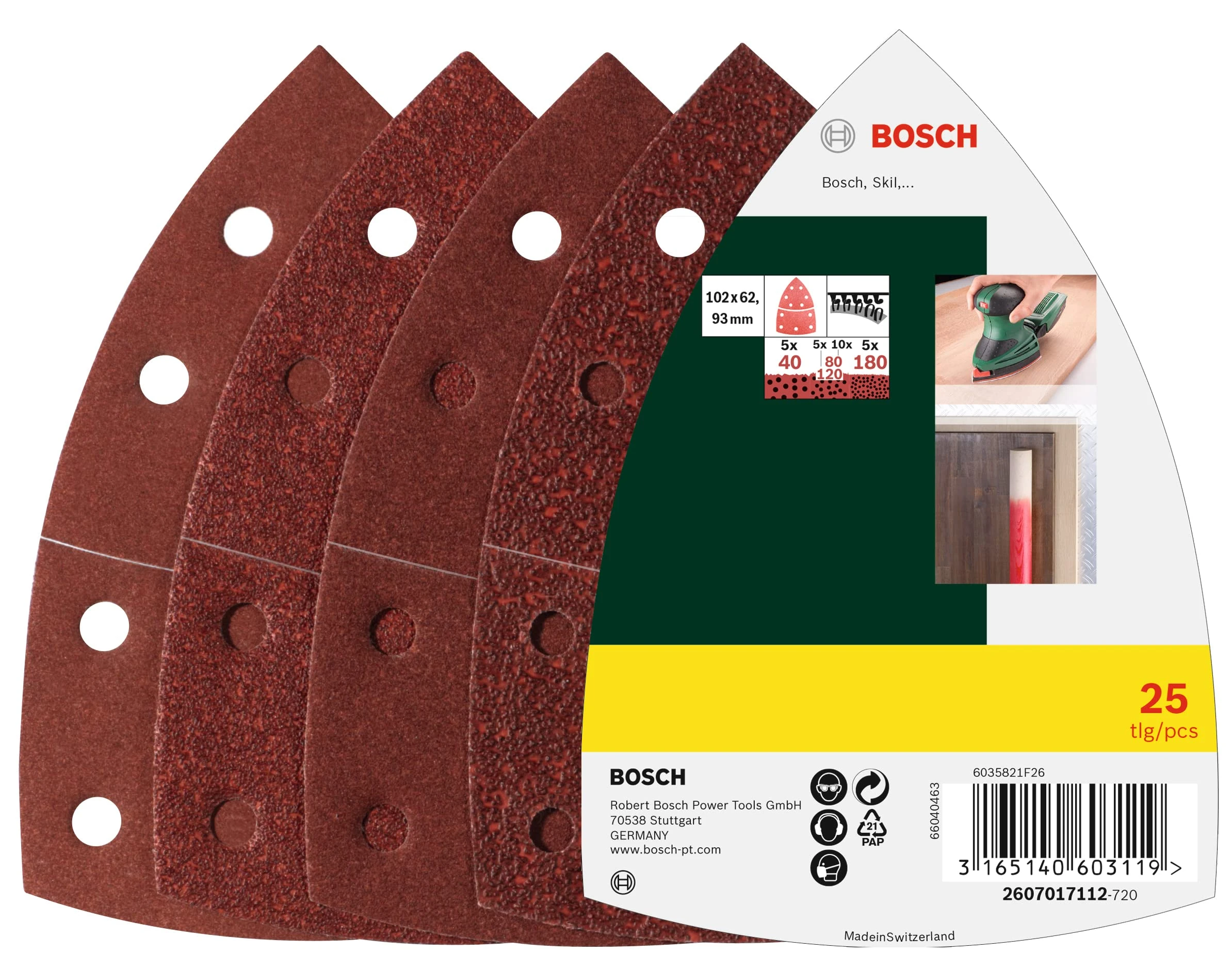 Bosch 25 pcs. Sanding Sheet Set (for Wood, Body Fillers, Paint, Varnish, Grit 40/80/120/180, 11 Holes, 102 x 62.93 mm, Accessories for Multi-Sanders)