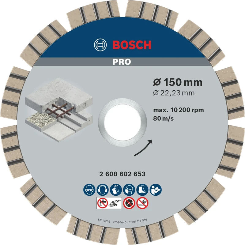Bosch 1x PRO Concrete Diamond Cutting Disc for Bore 22.23 and Large Angle Grinders (for Concrete, Reinforced concrete, Ø 150 mm, Professional Accessory Large Angle Grinder)