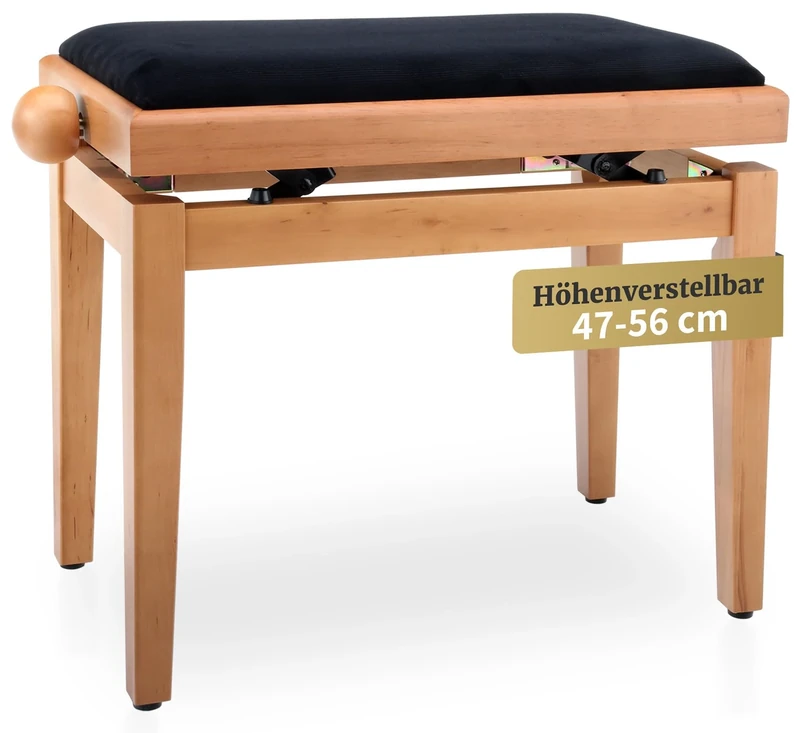 Classic Cantabile Piano Bench Cherry-Bright-Matte (Very Stable Spindle Scissor Mechanism, Height Adjustable from 47-56 cm, Seat 55 x 32 cm)