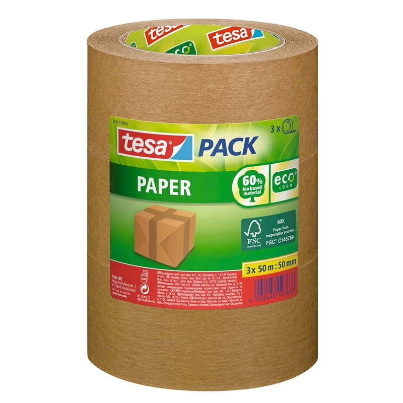 tesapack Paper ecoLogo Brown Packing Tape - 50m x 50mm (Pack of 3)