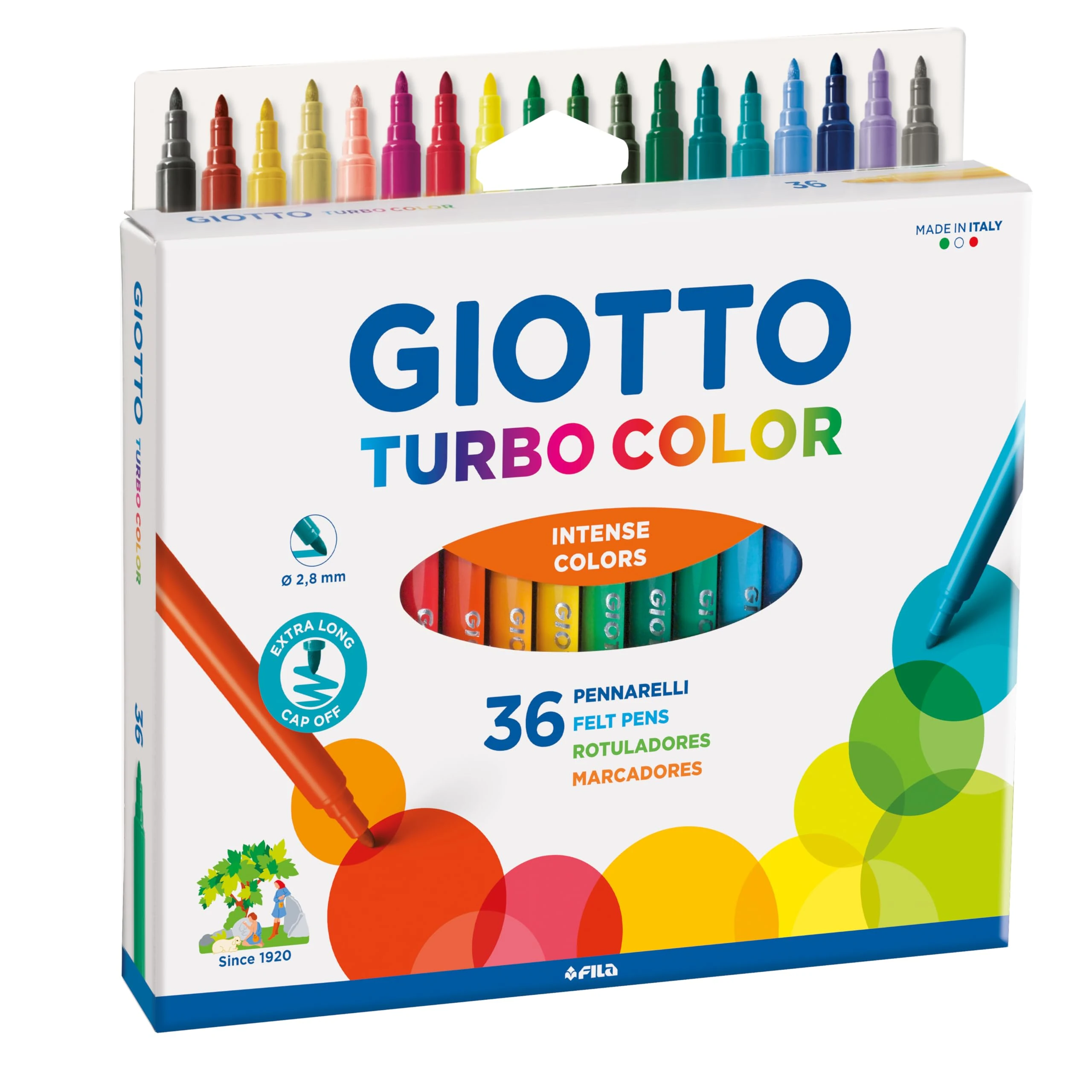 GIOTTO Turbocolor Felt Tip Fibre Pens, Fine Tip Nib 2.8mm, 36 Assorted Colours, Ideal for Children, Parties and Schools, retro-tri color