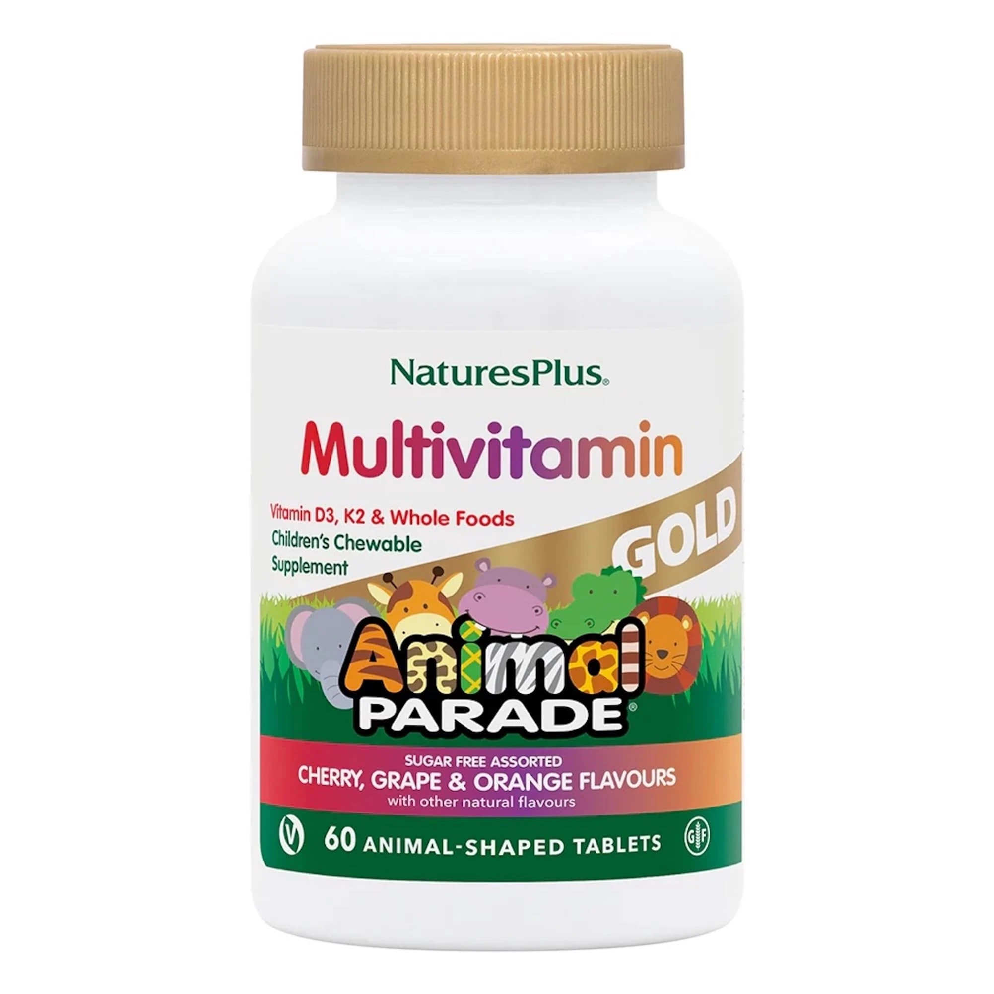 NaturesPlus Animal Parade Gold Children’s Multivitamin - Fun Animal Shaped Chewable Multi for Kids - Cherry, Orange and Grape Flavours - Vegan, Gluten Free - 60 Chewable Tablets
