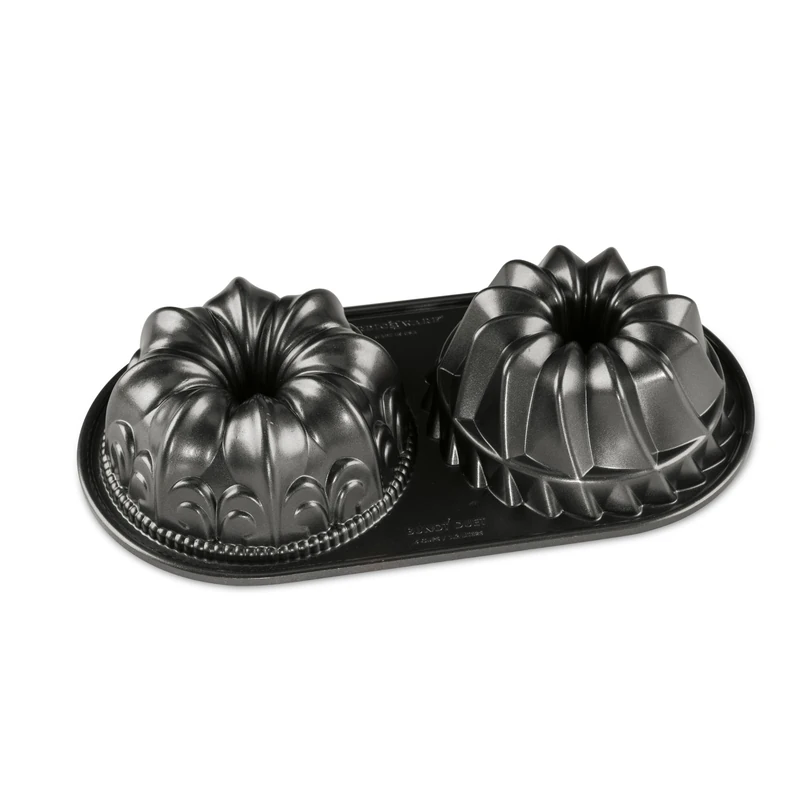 Nordic Ware Bundt Duet Pan, Cast Aluminium Bundt Tin, Bundt Cake Tin for 2 Cakes, Fleur de Lis and Kugelhopf Premium Cake Mould Made in the USA, Colour: Graphite - Image 1