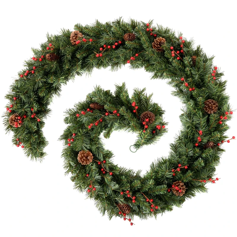 WeRChristmas Extra Thick Mixed Pine Garland with Cones and Berries, Natural, 9 feet