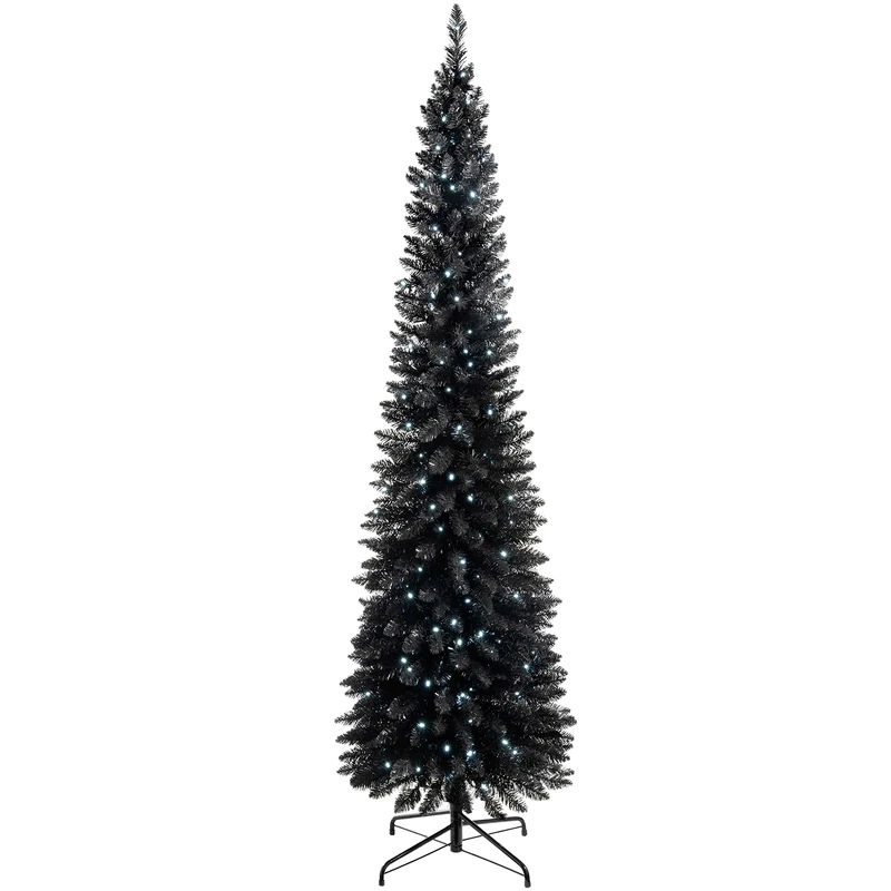 WeRChristmas Pre-Lit Pencil Christmas Tree with 180 LED Lights, 6.5 feet/1.95 m - 25 x 25 x 213 cm, Black