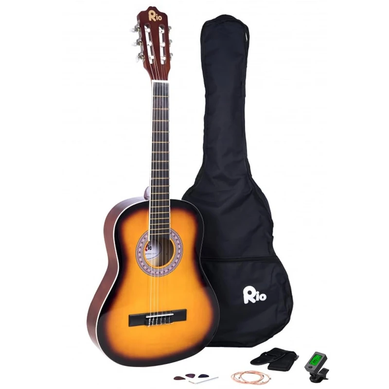 Rio 3/4 Size Sunburst Classical Guitar Pack for Kids Beginners - Suit 9 To 12 Years - Includes Bag, Strap, Picks, Pitch Pipes - New