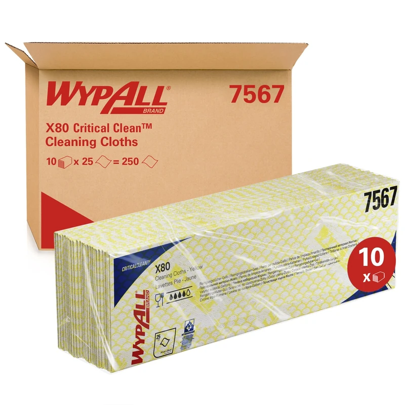 Wypall X80 Critical Clean Colour Coded Cleaning Cloths 7567 - Yellow Wiping Cloths - 10 Packs x 25 Heavy Duty Cleaning Wipes (250 total)