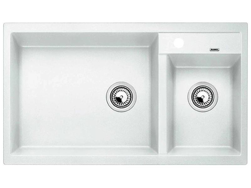 BLANCO METRA 9 | SILGRANIT Sink in White | Installation Type: Inset Installation from Above | Main Bowl on The Left | for 90 cm Wide Base cabinets | User-Friendly Double Bowl | [86x50x20.2 cm]