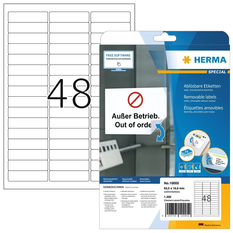 HERMA Self Adhesive Suspension File Tab Labels, 48 Labels per A4 Sheet, 800 Sheets, 63.5 x 16.9 mm, 38400 Labels, Blank Removable Mini Stickers, Sticky Labels for Laser & Inkjet Printer, White