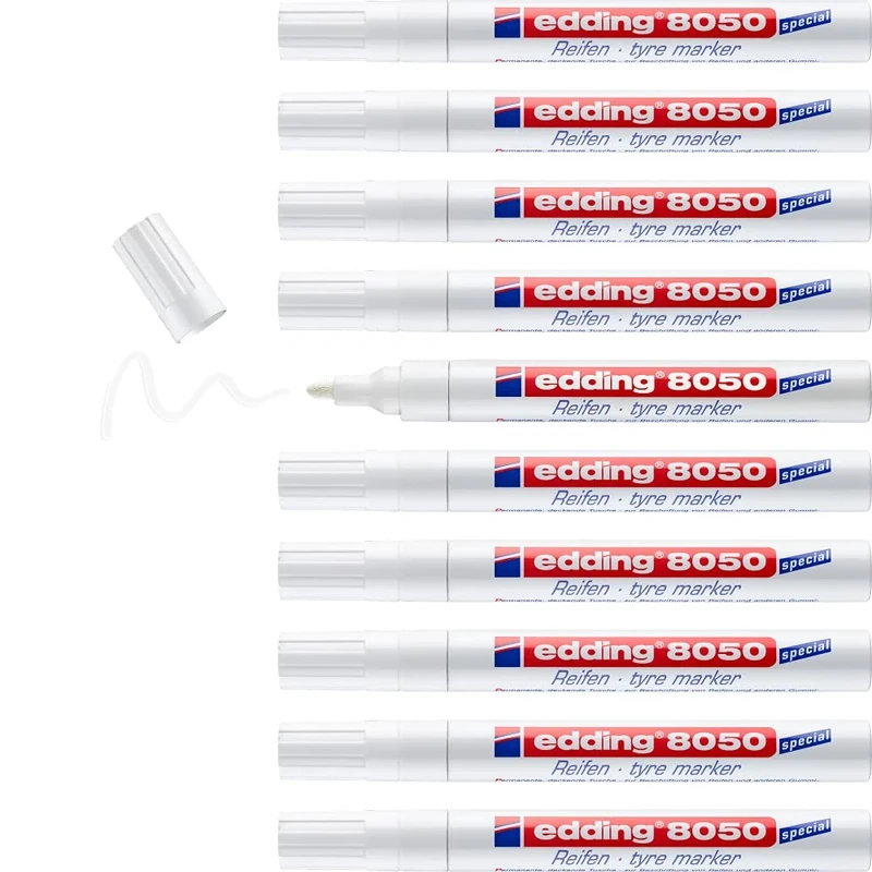 edding 8050 tyre marker - white - 10 pens - bullet nib 2-4 mm - for marking tyres and other rubber surfaces, indoor and outdoor use, waterproof