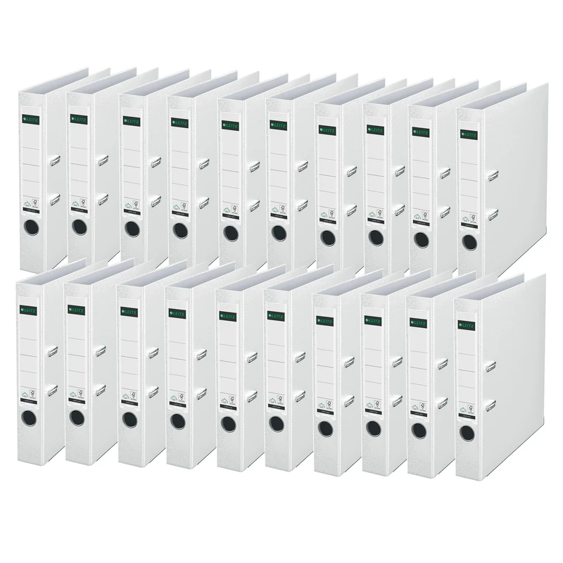 Leitz Quality Folder 180° Plastic, Pack of 20, The Original, DIN A4 Lever Arch File 5.2 cm, Slim, Plastic Folder with PP Laminated Cover, with 180° Mechanism, White, 10155001