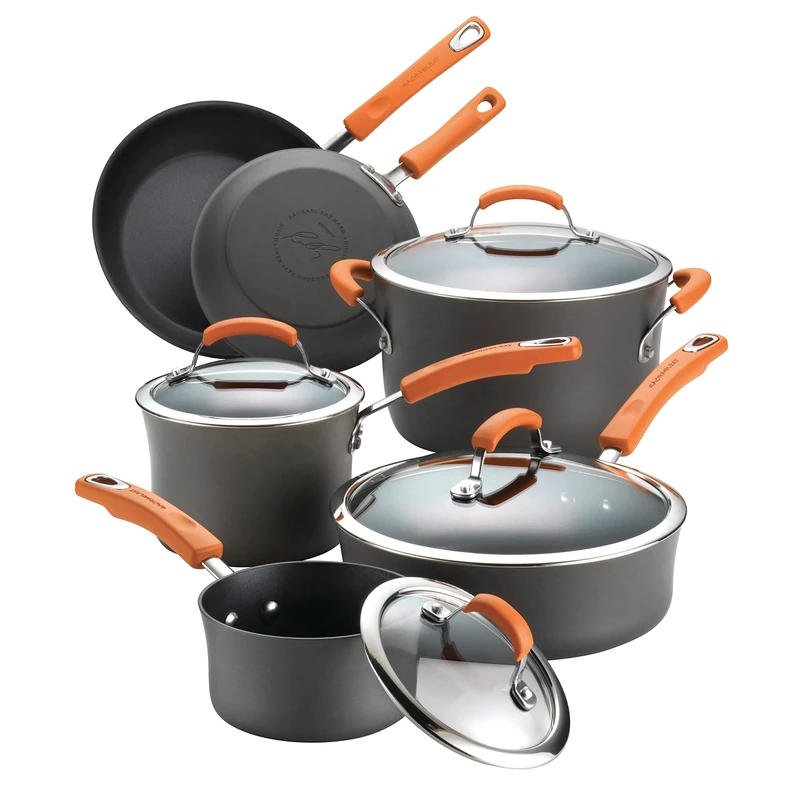 Rachael Ray Hard Anodised Nonstick 6 piece Pots and Pans Set, dishwasher safe with toughened glass lids and orange handles