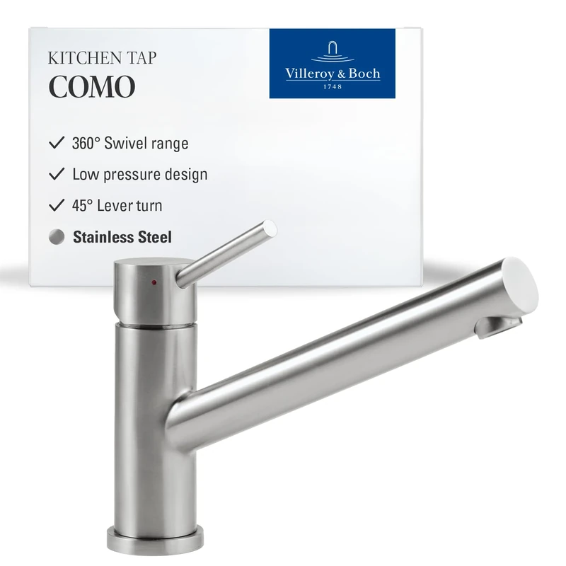 Villeroy & Boch Como Kitchen Tap, Low Pressure, Kitchen Tap with Ceramic Cartridge and 360° Swivel Range, Sink Tap Water-Saving, Spout Height 135 mm, Solid Stainless Steel