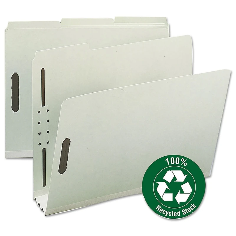 Smead 100% Recycled Pressboard Fastener File Folder, 1/3-Cut Tab, 3" Expansion, Letter Size, Gray/Green, 25 per Box (15005)