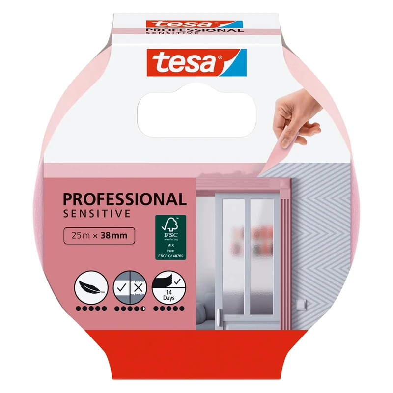 tesa Masking Tape WALLPAPER - Thin Painter's Tape for Precise Masking - Suitable for Sensitive Interior Surfaces - 25 m x 38 mm - Pink