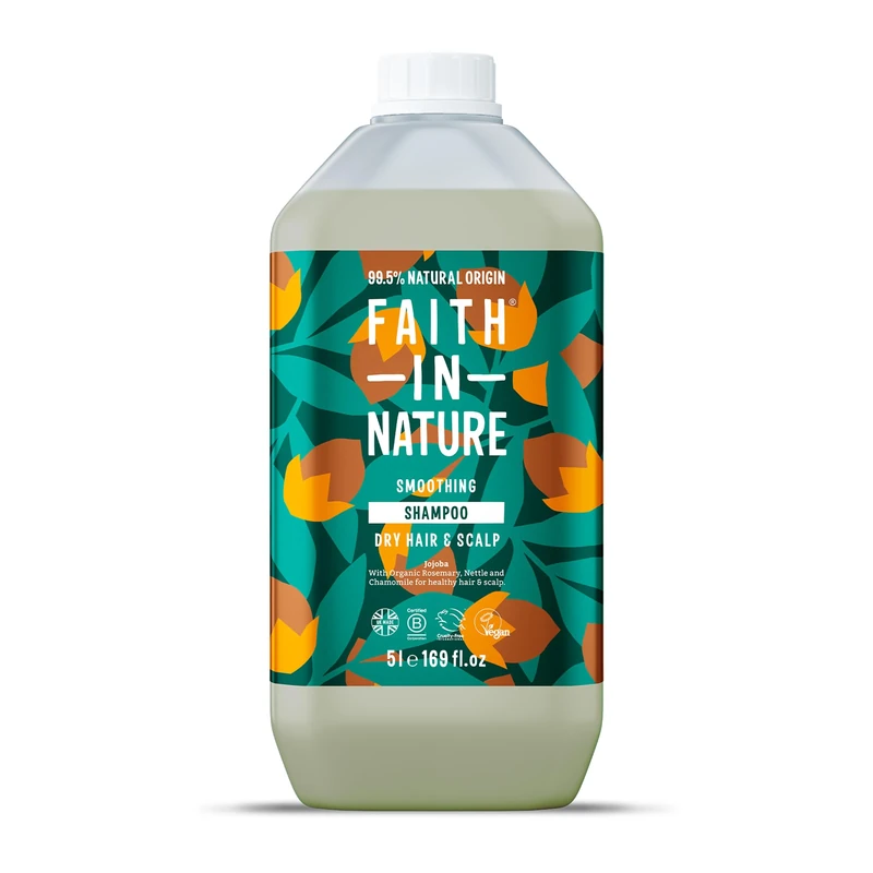 Faith In Nature Natural Jojoba Shampoo, Smoothing for Dry Hair & Scalp, Vegan & Cruelty Free, No SLS, Silicones or Parabens, 5L Refill Pack