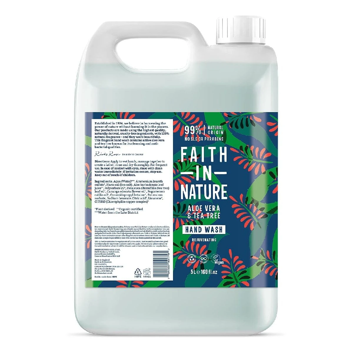 Faith In Nature Natural Aloe Vera and Tea Tree Hand Wash, Rejuvenating, Vegan and Cruelty Free, No SLS or Parabens, 5 L Refill Pack