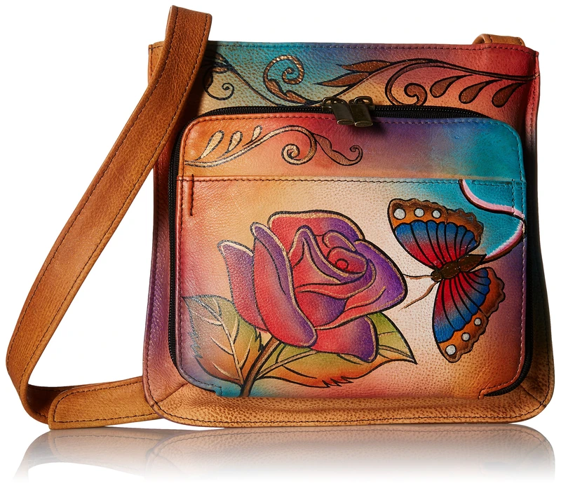 Anna by Anuschka Women’s Genuine Leather Slim Shoulder Organizer - Hand Painted Original Artwork, Rose Butterfly, One Size