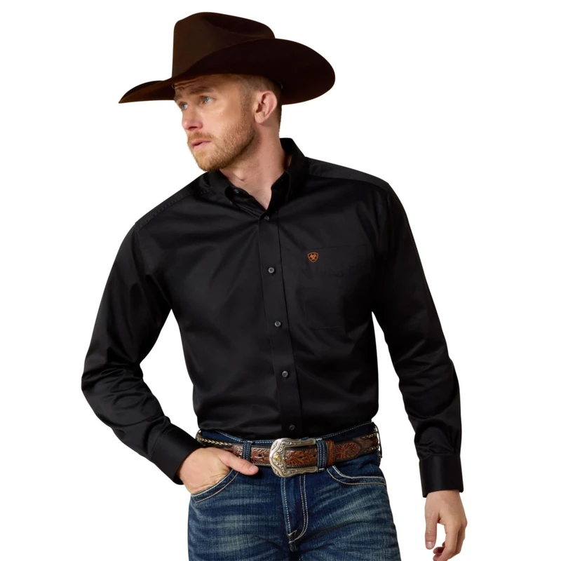 ARIAT Men's Solid Twill Classic Fit Shirt Long Sleeve Western Button, Black, XL
