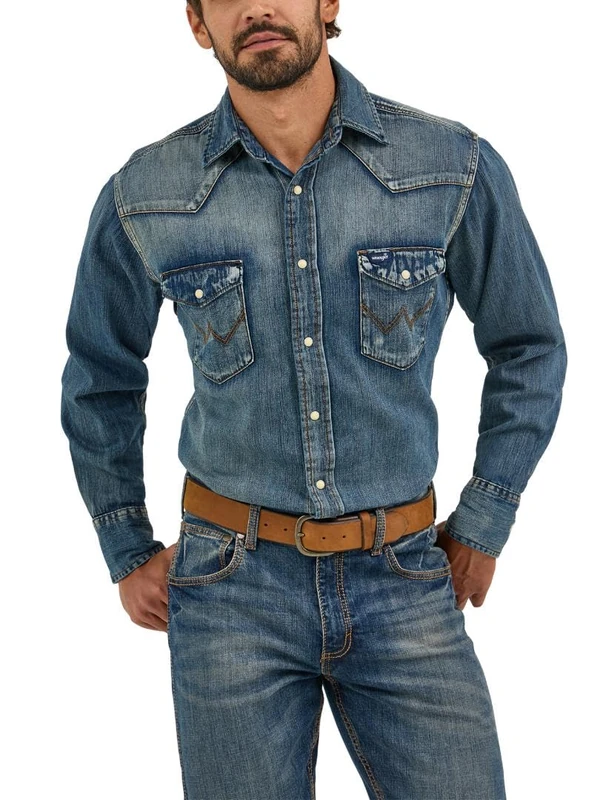 Wrangler Men's Cowboy Cut Western Long Sleeve Snap Work Shirt Washed Finish Shirt, Antique Blue, XXL