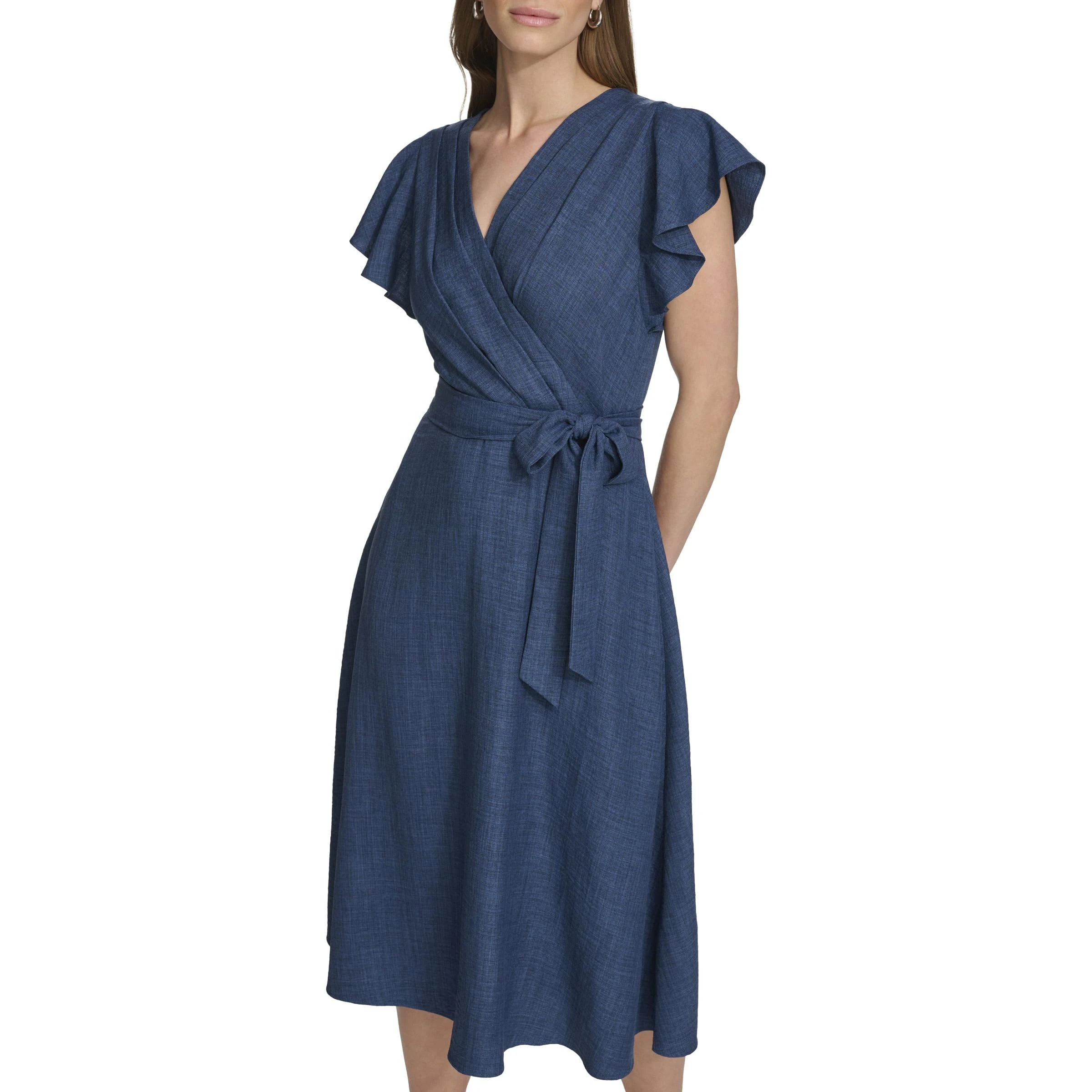 DKNY Womens Flutter Sleeve Fit and Flare Midi Dress, Denim, 14