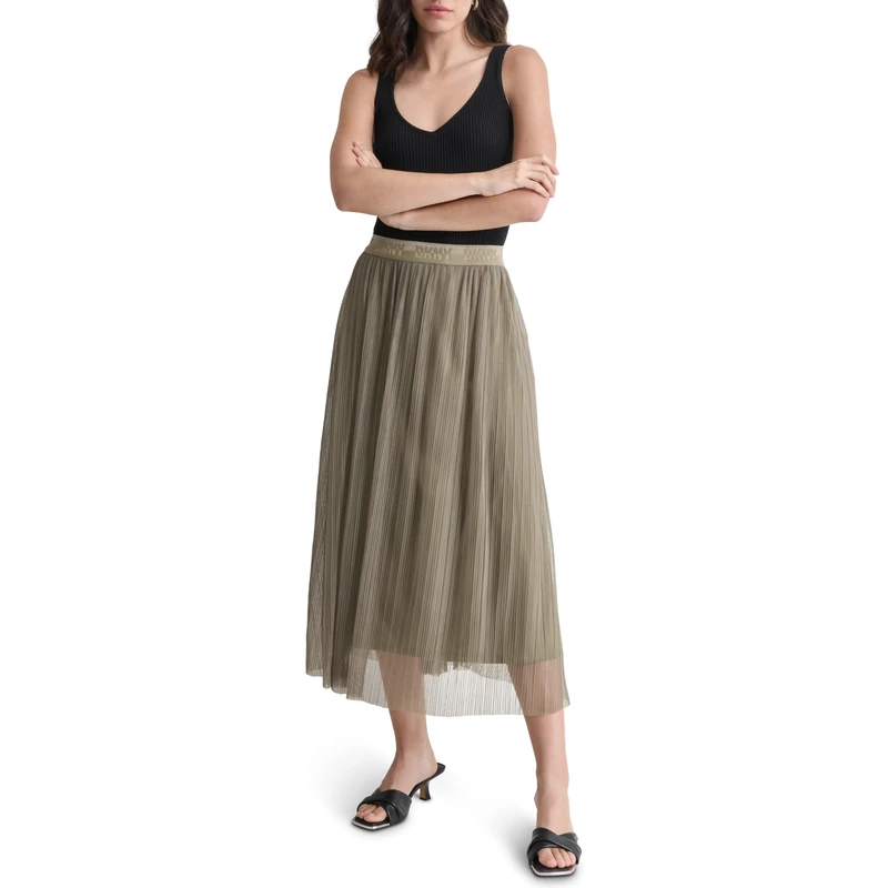DKNY Women's Logo Waist Band Plisse Mesh Skirt, Light Fatigue, XS