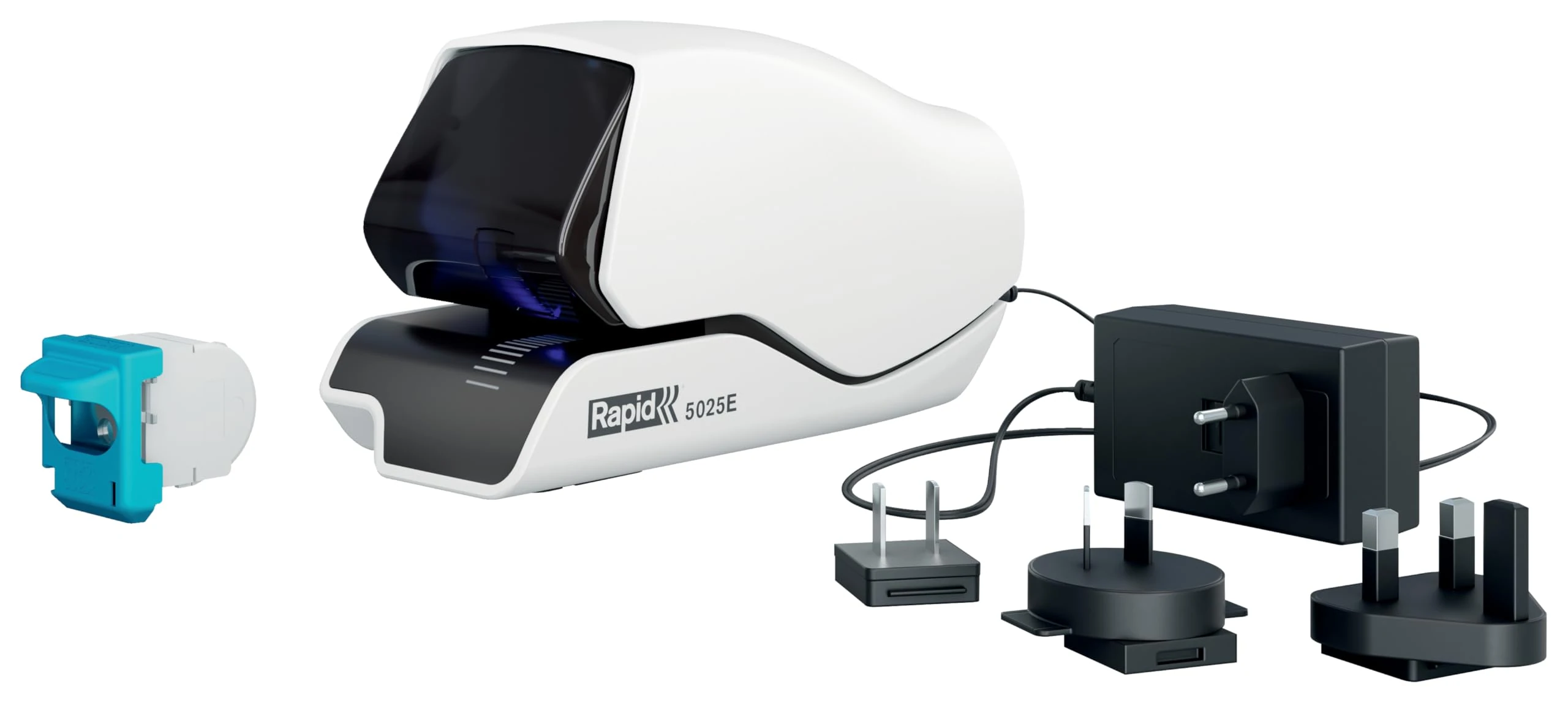Rapid Contactless Electric Stapler 5025E – Staples up to 25 Sheets, Patented Cassette System, LED Guiding System, Flat Clinch Technology, Global Version with Replaceable Plugs, White, 25095210