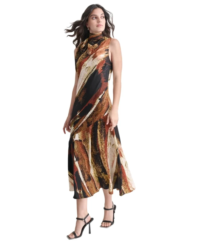 DKNY Women's Sleeveless Printed Tie Neck Dress, Paint Stroke, Small, Paint Stroke, S