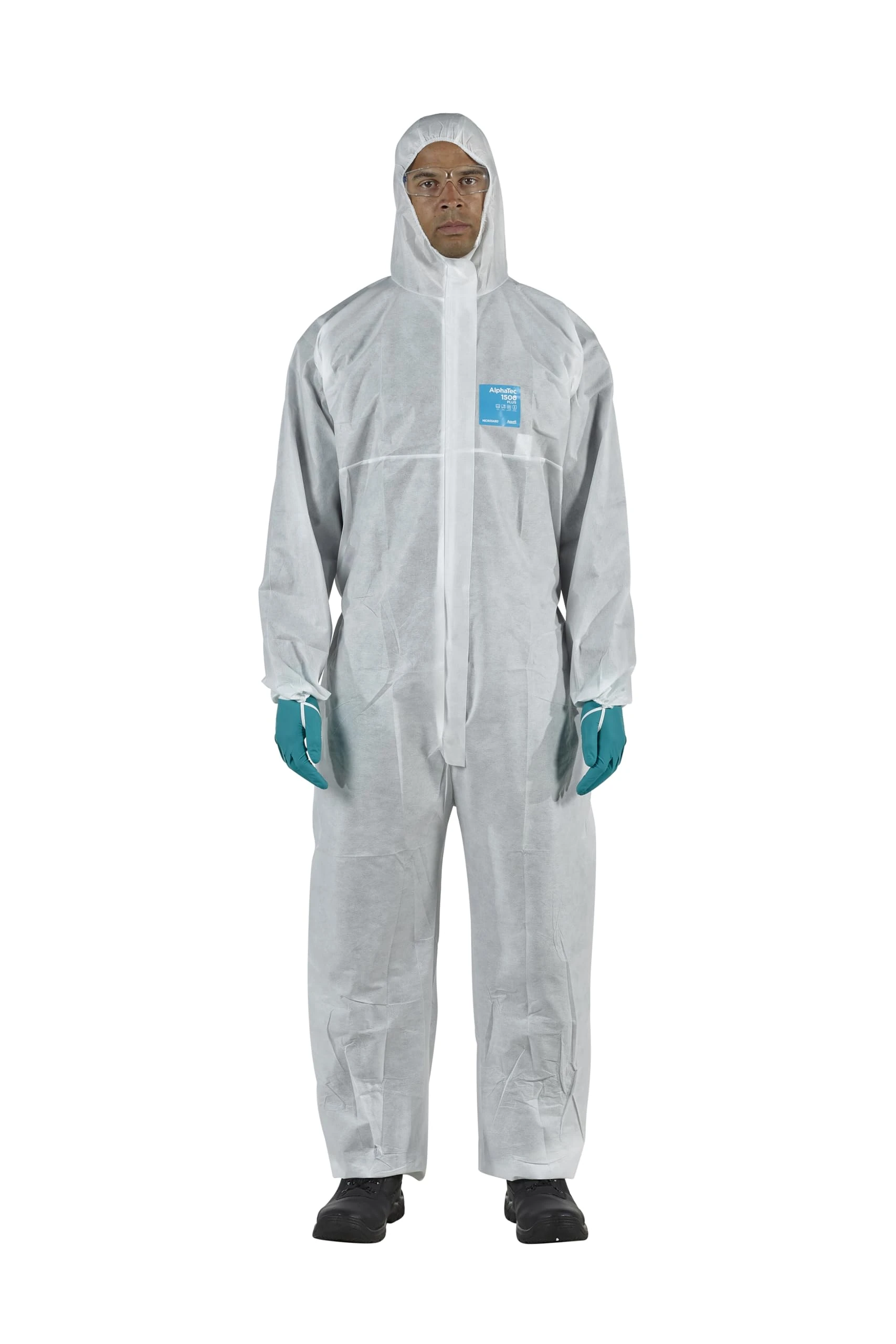 Ansell AlphaTec 1500 Model 111, Disposable Work Overall with Hood, Chemical Protection Type 5/6, Water Repellent Coverall Suit, Industrial Safety Workwear, Men Women, White, Size M (1 Unit)