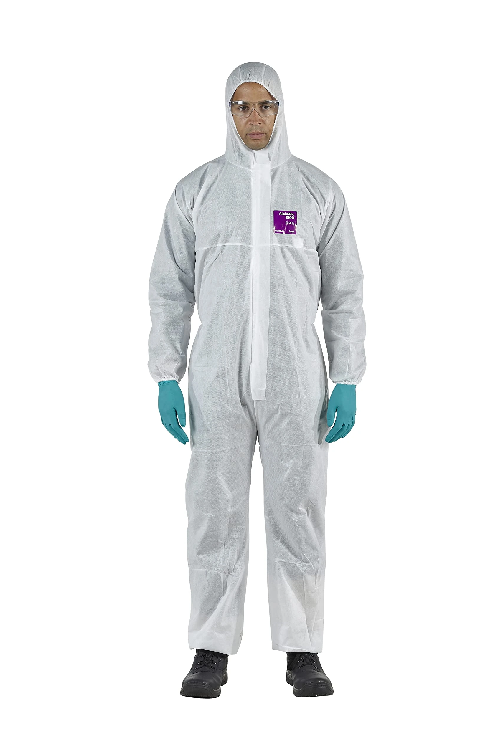 Ansell AlphaTec 1500 Model 138, Disposable Work Overall with Hood, Chemical Protection Type 5/6, Water Repellent Coverall Suit, Industrial Safety Workwear, Men Women, White, Size L (1 Unit)