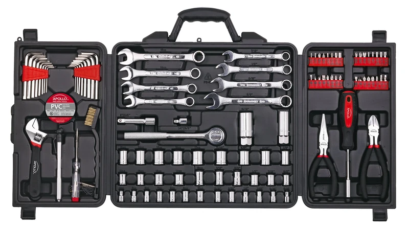 APOLLO Tools 101 Piece Mechanic Tool Set for Roadside Emergencies. SAE and Metric Tool Set for Mechanical Repairs for Boating, RV, Bikes, in Compact Carrying Case - DT0006