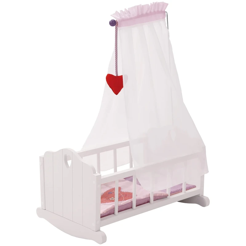 roba Doll's Cradle from Doll Furniture Series Fienchen, Doll's Bed for Weighing Including Textile Equipment, Bedding and Canopy, Doll Accessories, White Painted