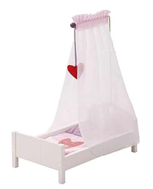 roba Doll Bed Fienchen Including Textile Accessories, Bedding, and Canopy - Textiles with Heart Motif - Wood White Lacquered