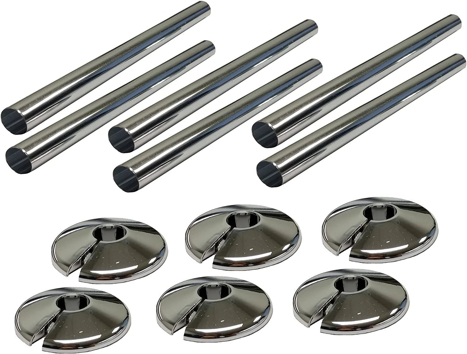 6 x Radiator Pipe Sleeve Covers and Pipe Collars in Chrome Effect 15mm x 200mm