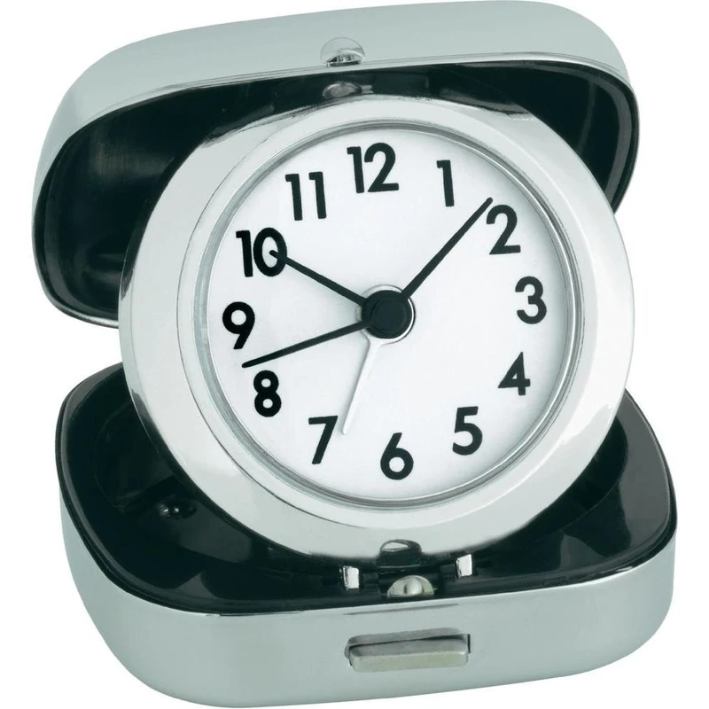 TFA Dostmann Analogue Travel Alarm Clock 60.1012 with Metal Box for Travelling Quartz Clock Silver (L) 65 x (W) 70 x (H) 27 (70) mm