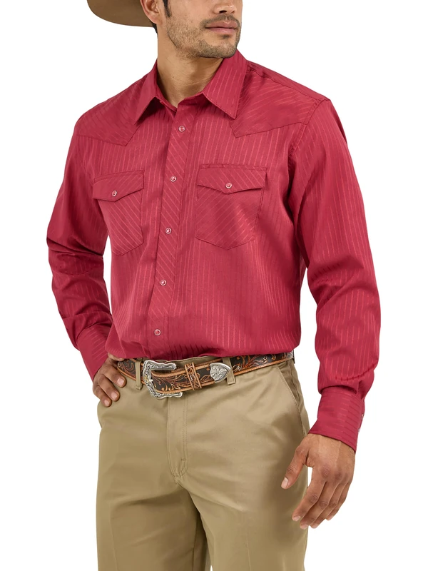 Wrangler Men's Sport Western Two Pocket Long Sleeve Snap Shirt, Wine, Large Tall