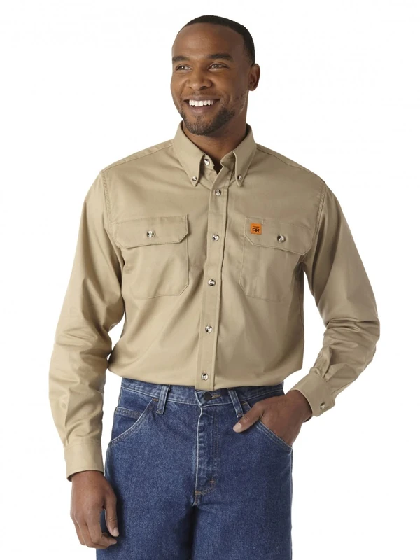 Wrangler Men's Fire Resistant Work Shirt with Two Front Pockets, Khaki, Medium