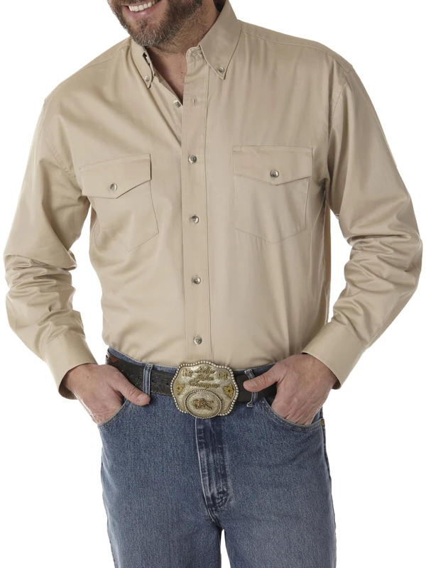 Wrangler Men's Painted Desert Two Pocket Long Sleeve Button Work Shirt SHIRT, Tan, S