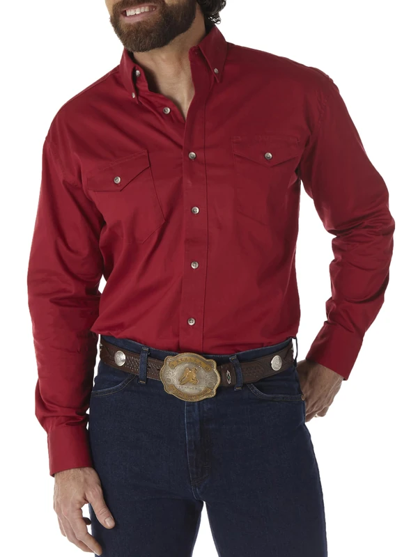 Wrangler Men's Painted Desert Two Pocket Long Sleeve Button Work Shirt, Red, Large Tall