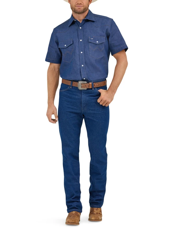Wrangler Men's Cowboy Cut Western Two Pocket Short Sleeve Snap Work Shirt Shirt, Blue, M