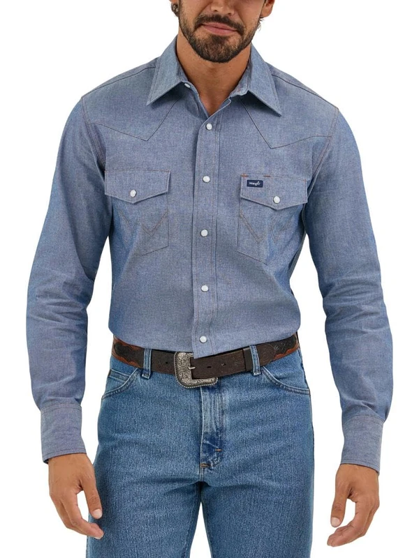 Wrangler Men's Cowboy Cut Western Two Pocket Long Sleeve Snap Work Shirt-Washed Finish, Medium Blue Chambray, 17 Inches Neck 34 Inches Sleeve